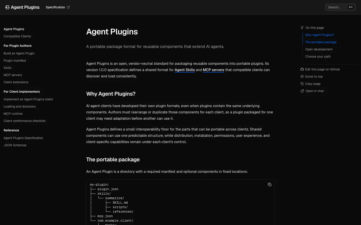 Die offizielle Dokumentationsseite von Agent Plugins mit der Erklärung des Standards und dem Aufbau eines Plugin-Ordners