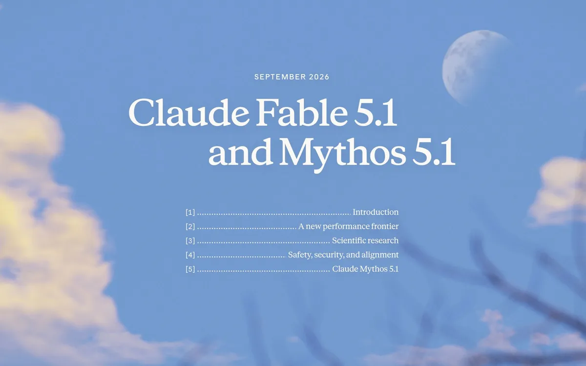 Ankündigungsseite von Anthropic zu Claude Fable 5.1 und Mythos 5.1: Titel vor blauem Himmel mit Wolken und Mond