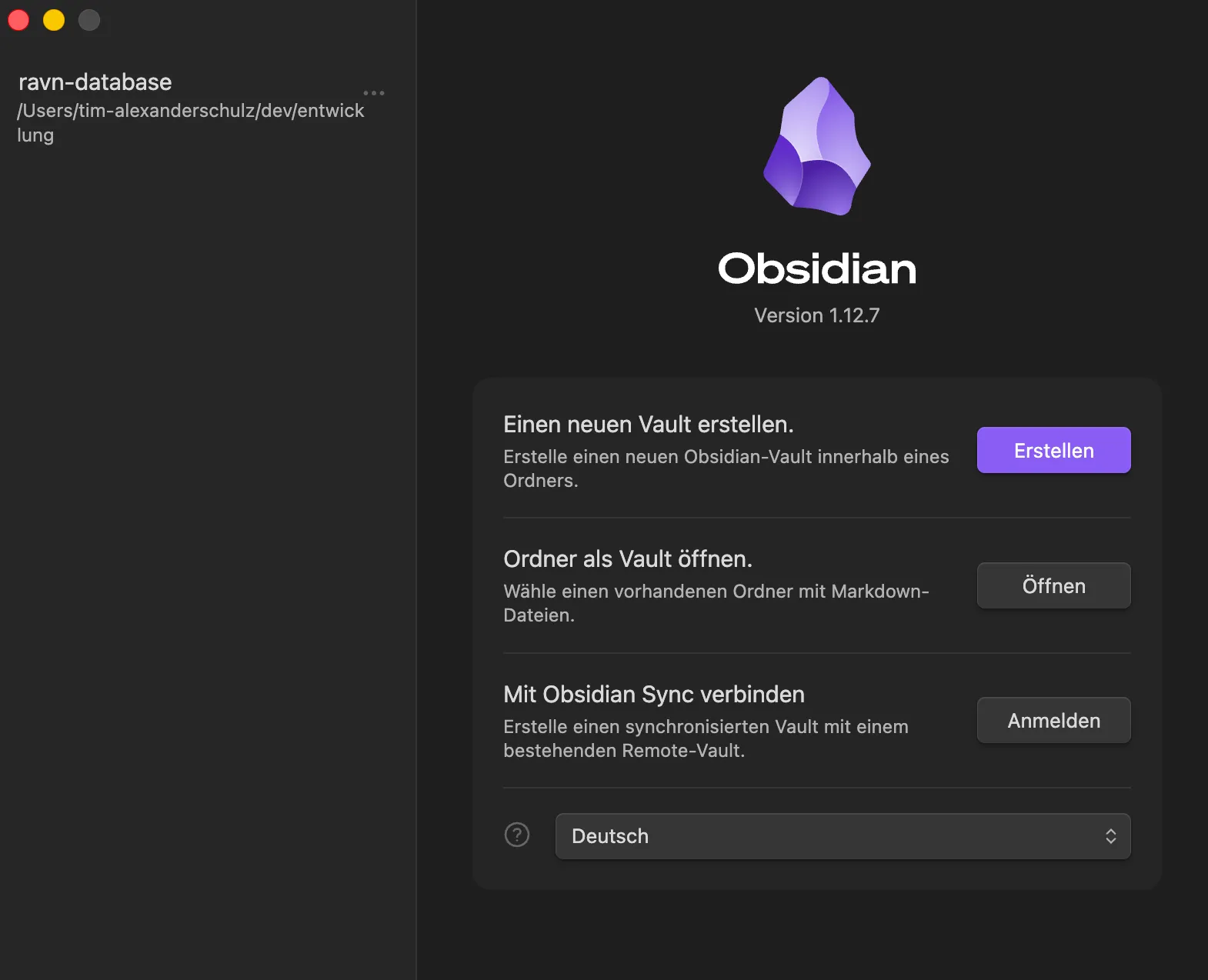 Obsidian-Startfenster zum Erstellen oder Öffnen eines Vaults