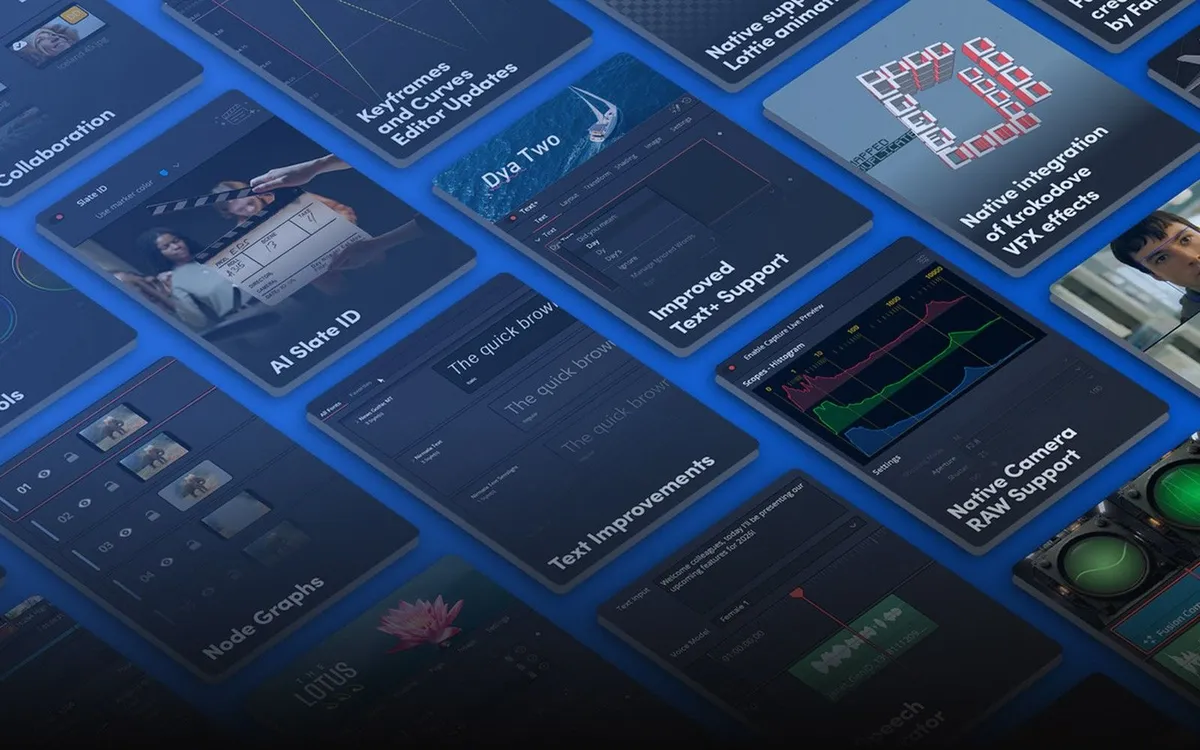 Neue Funktionen in DaVinci Resolve 21.1, dargestellt als Raster aus Programmfenstern zu Schnitt, Farbkorrektur und Fusion