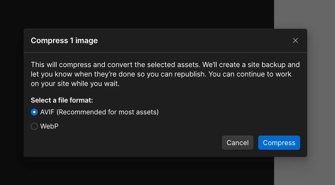 Dialog zur Bildkomprimierung mit Formatauswahl: AVIF als empfohlenes Format oder WebP