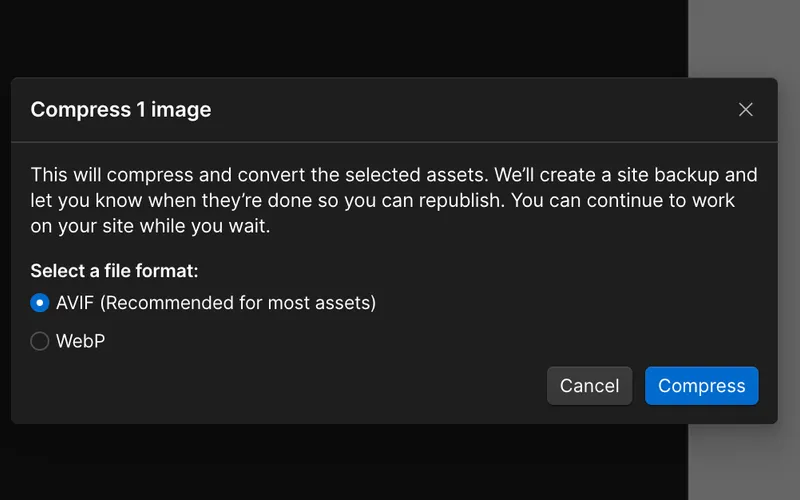 Dialog zur Bildkomprimierung mit Formatauswahl: AVIF als empfohlenes Format oder WebP