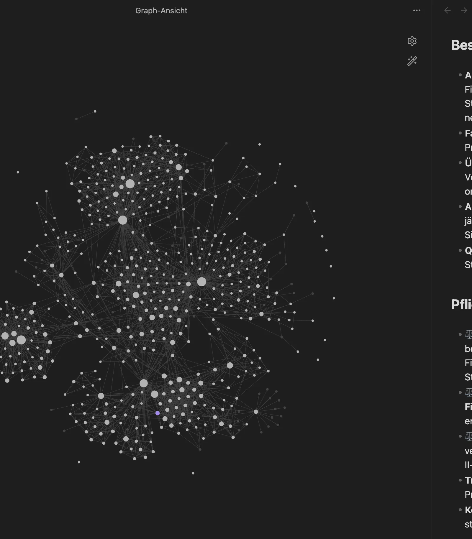Obsidian-Vault mit Graph-Ansicht und einer von Claude gepflegten Wissensnotiz