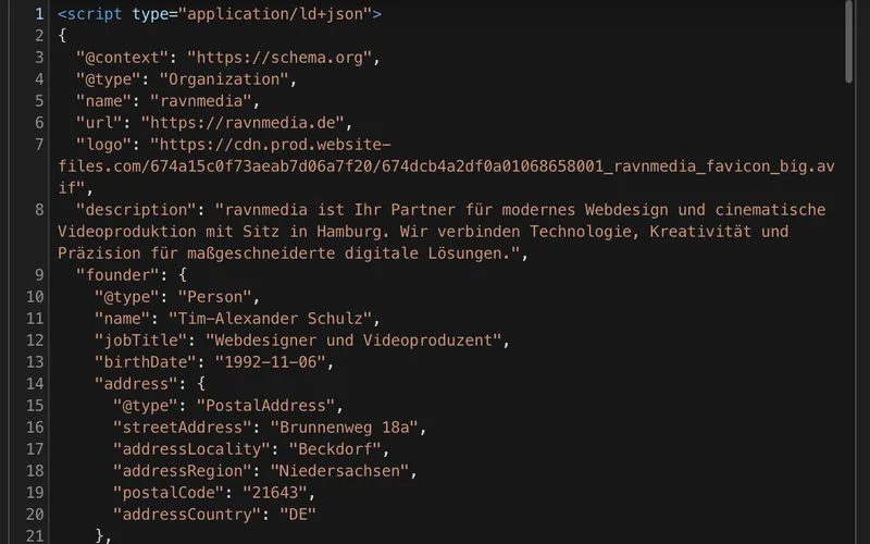 JSON-LD-Schema-Markup im head einer Website: Organization-Block mit Name, Logo, Beschreibung und Adresse als strukturierte Daten