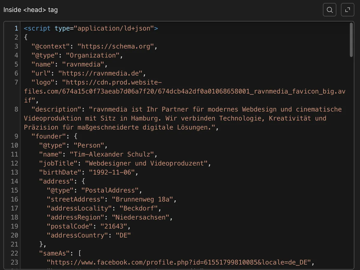 JSON-LD-Schema-Markup im head einer Website: Organization-Block mit Name, Logo, Beschreibung und Adresse als strukturierte Daten