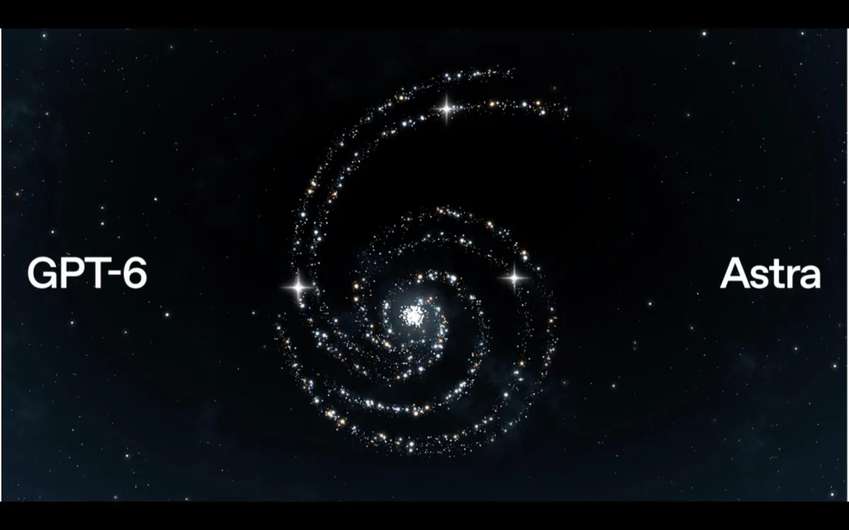 Ankündigung von OpenAI zu GPT-6 Astra: Schriftzug GPT-6 Astra vor einer Spiralgalaxie im Sternenhimmel