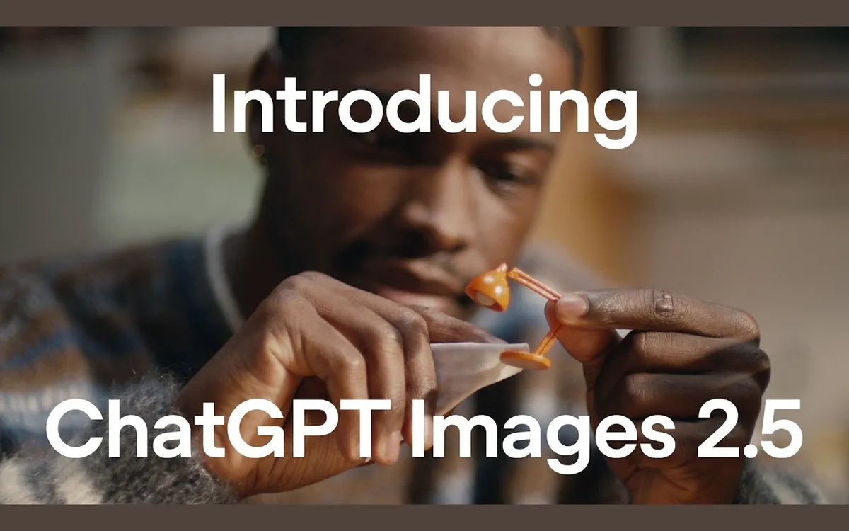 Ankündigung von OpenAI zu ChatGPT Images 2.5: Schriftzug Introducing ChatGPT Images 2.5 über einer Aufnahme, in der jemand ein Papiermodell zusammensetzt