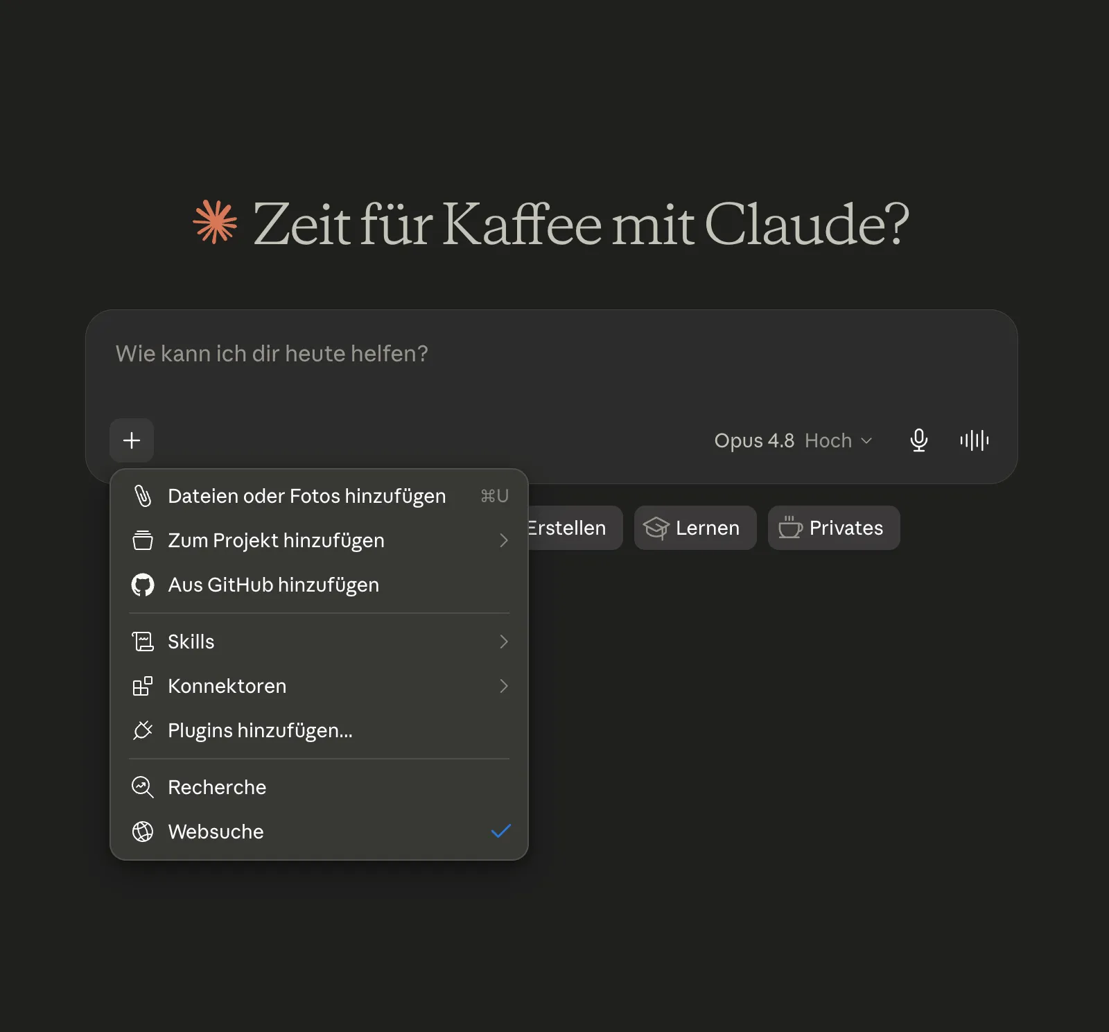 Claude-Oberfläche mit Menü zum Hinzufügen von Dateien, Konnektoren und Skills